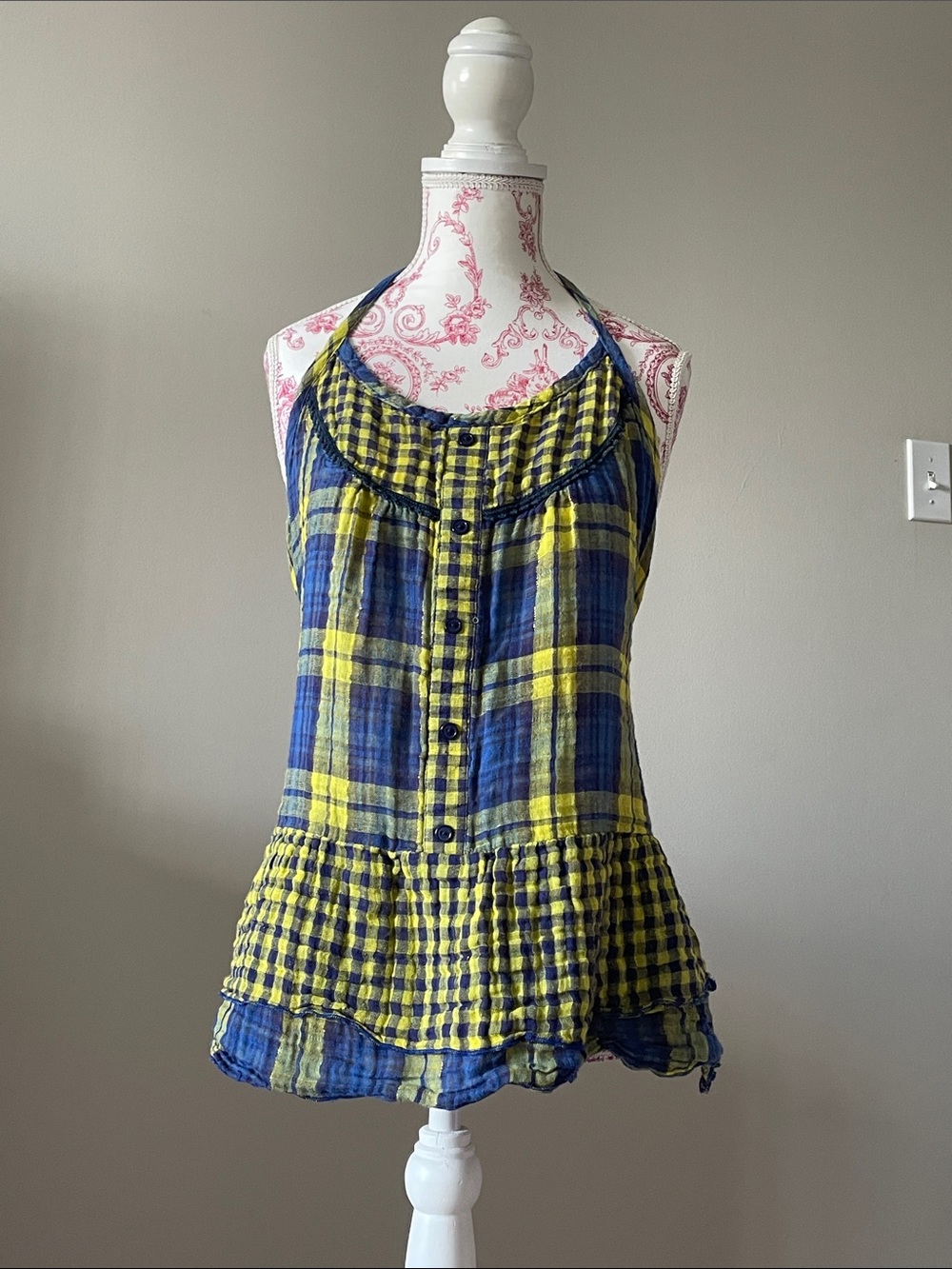 Y2K Blue & Yellow Plaid Halter Peplum Top
